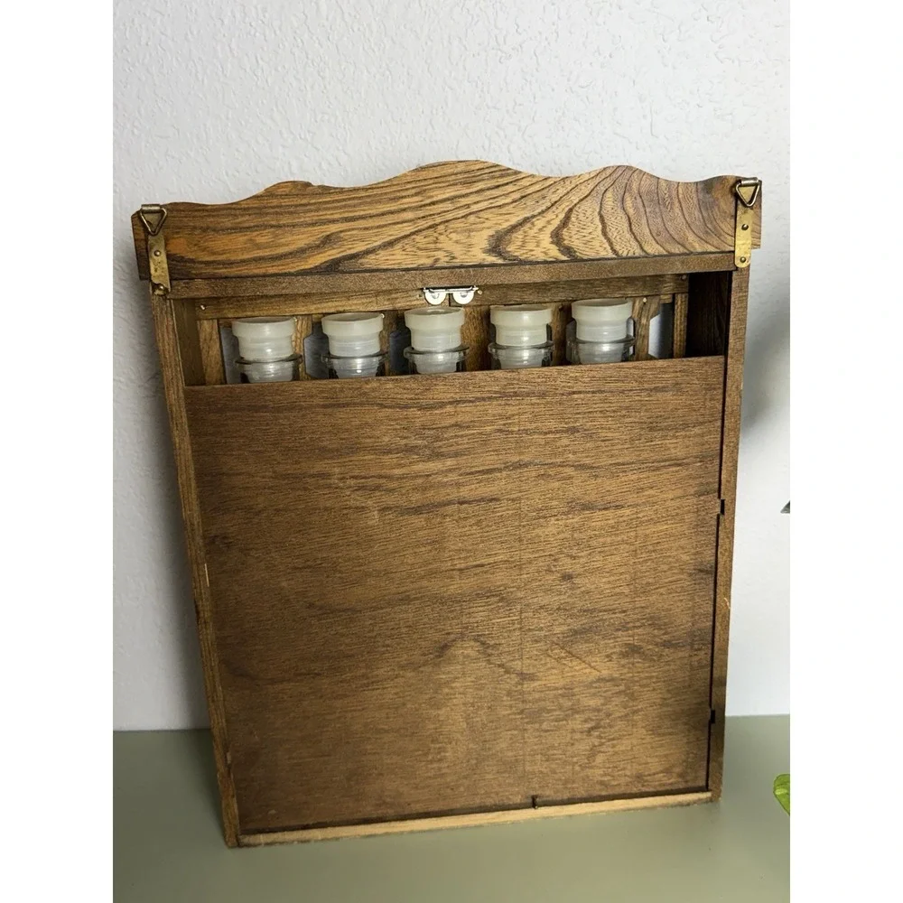 Vintage‎ Japan Wood Spice Cabinet Wall Rack Glass Jars Drawers Apothecary MCM